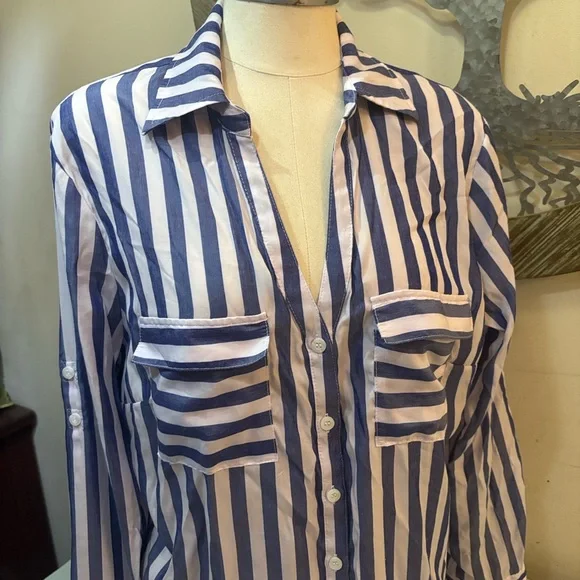 New York & Company Navy and White Striped Shirt - Picture 2 of 5